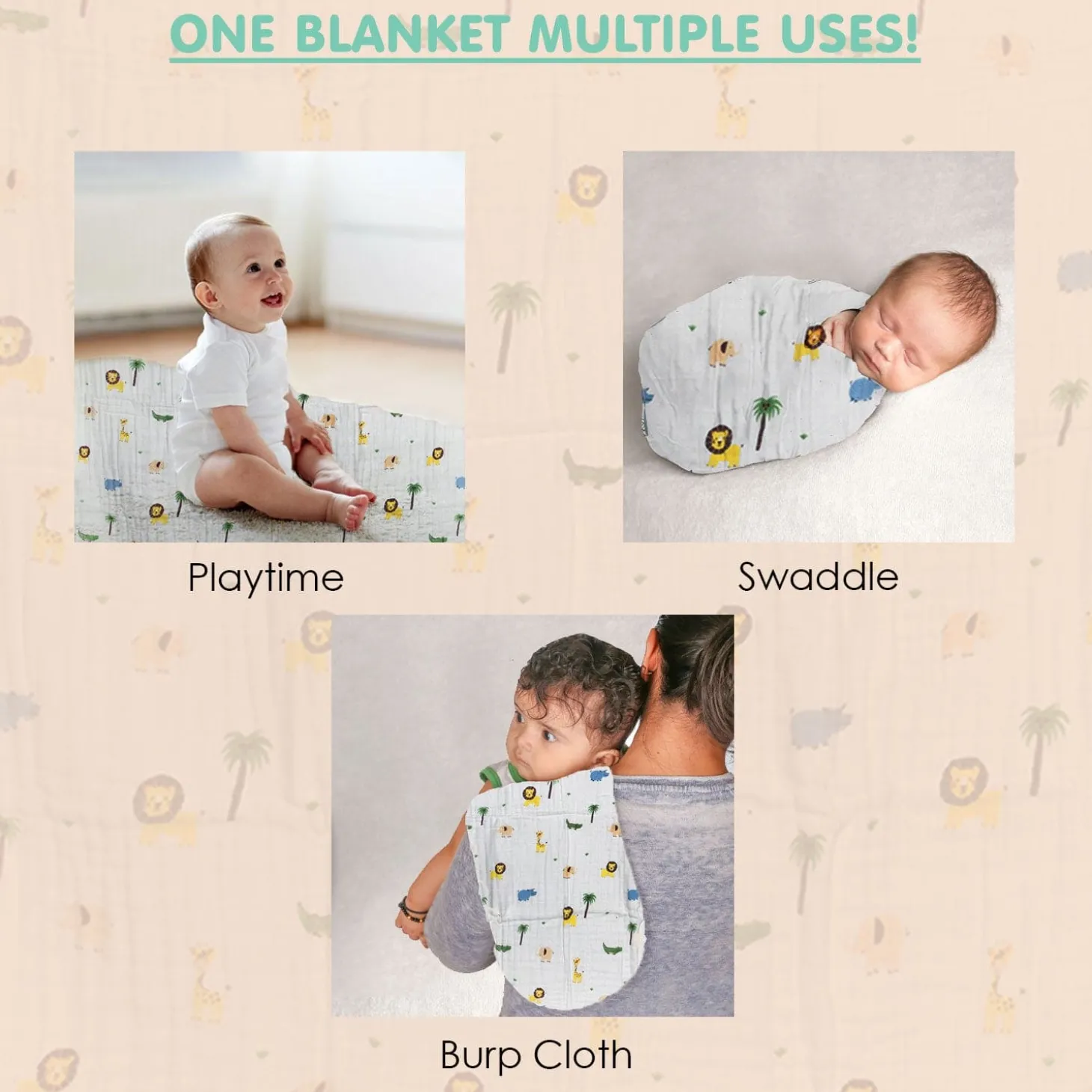Animal Print White Small Print Muslin Blanket
