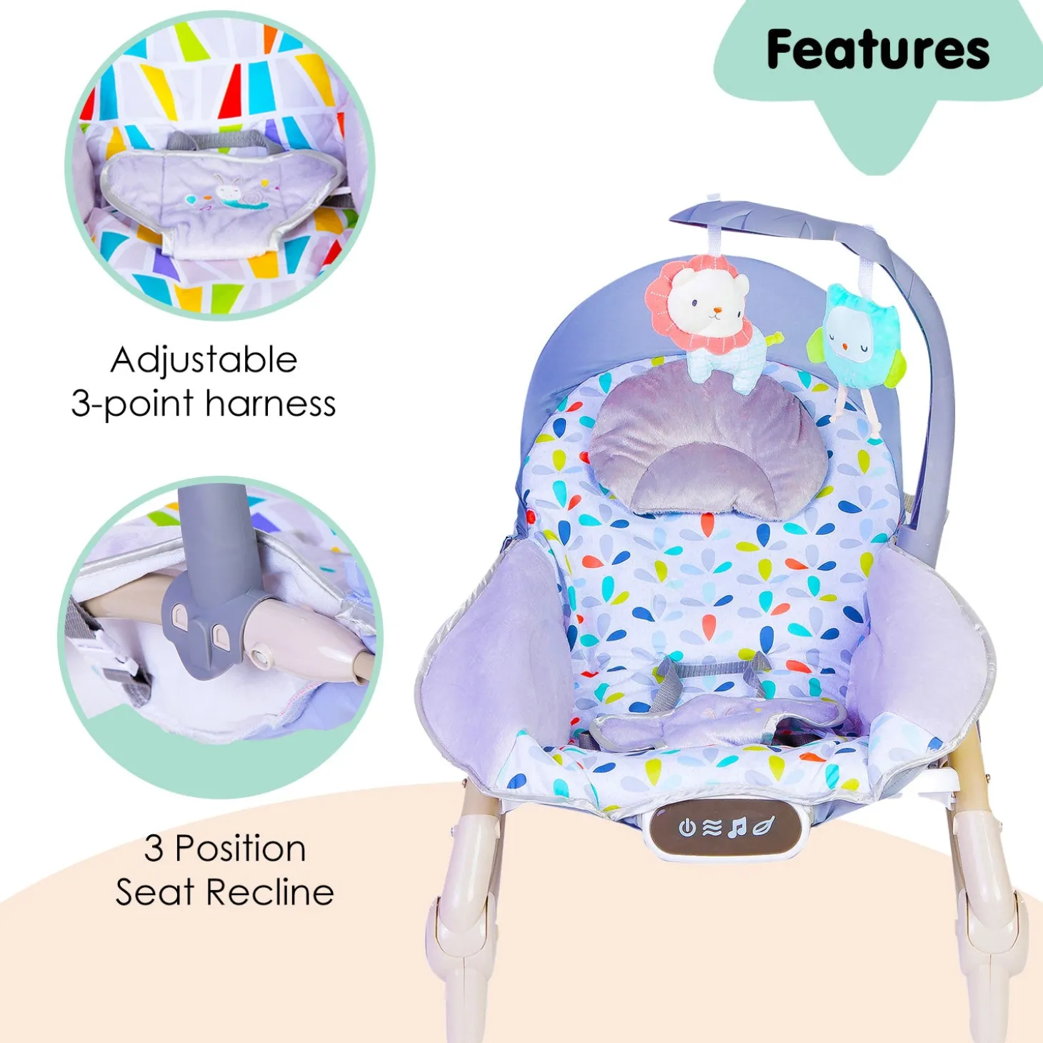 Automatic 3 Position Seat Recliner Bouncer Floral Grey