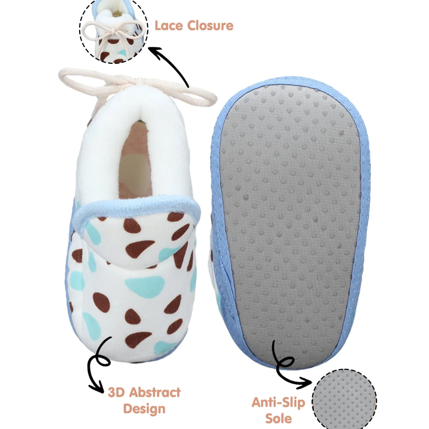 Baby Moo Abstract Spots Soft Slip-On Anti-Skid Plush Warm Booties - Blue