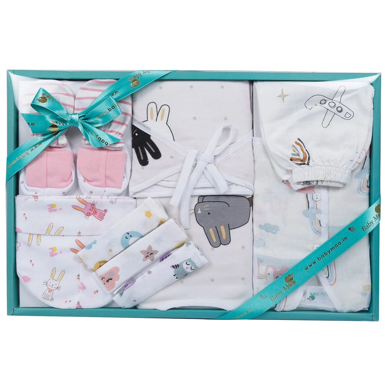 Baby Moo Adorable Animal Print Infant Essentials 10 Pcs Muslin Clothing Gift Set - Multicolour