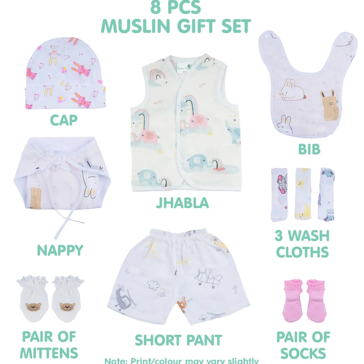 Baby Moo Adorable Animal Print Infant Essentials 10 Pcs Muslin Clothing Gift Set - Multicolour