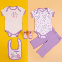 Baby Moo Adorable Gift Set 5 Piece With Bodysuits, Pyjama, Bib And Socks - Purple