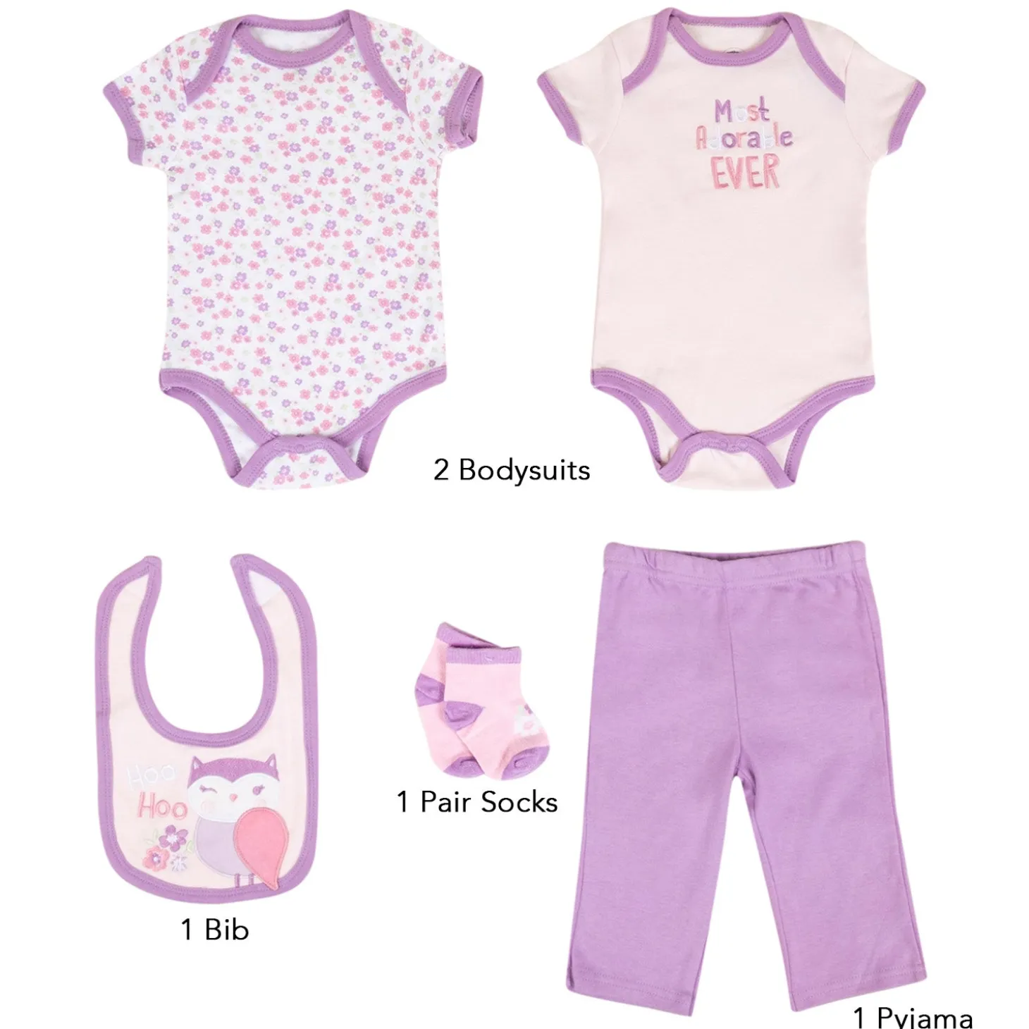 Baby Moo Adorable Gift Set 5 Piece With Bodysuits, Pyjama, Bib And Socks - Purple