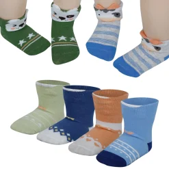 Baby Moo Animal 3D Anti-Skid Socks Booties Pack of 6 - Blue, Green
