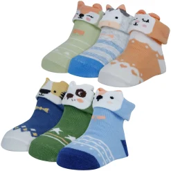 Baby Moo Animal 3D Anti-Skid Socks Booties Pack of 6 - Blue, Green