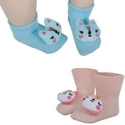 Baby Moo Animal 3D Rattle Anti-Skid Socks Booties Pack of 2 - Blue, Peach