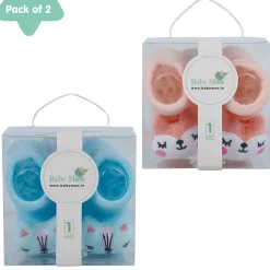 Baby Moo Animal 3D Rattle Anti-Skid Socks Booties Pack of 2 - Blue, Peach