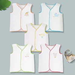 Baby Moo Animal Embroidery V-Neck Sleeveless Front Opening Button Cotton Jhablas 5 Pcs - Multicolour, White