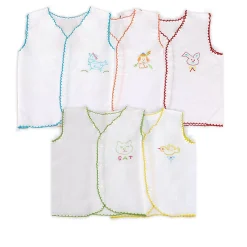 Baby Moo Animal Embroidery V-Neck Sleeveless Front Opening Button Cotton Jhablas 5 Pcs - Multicolour, White