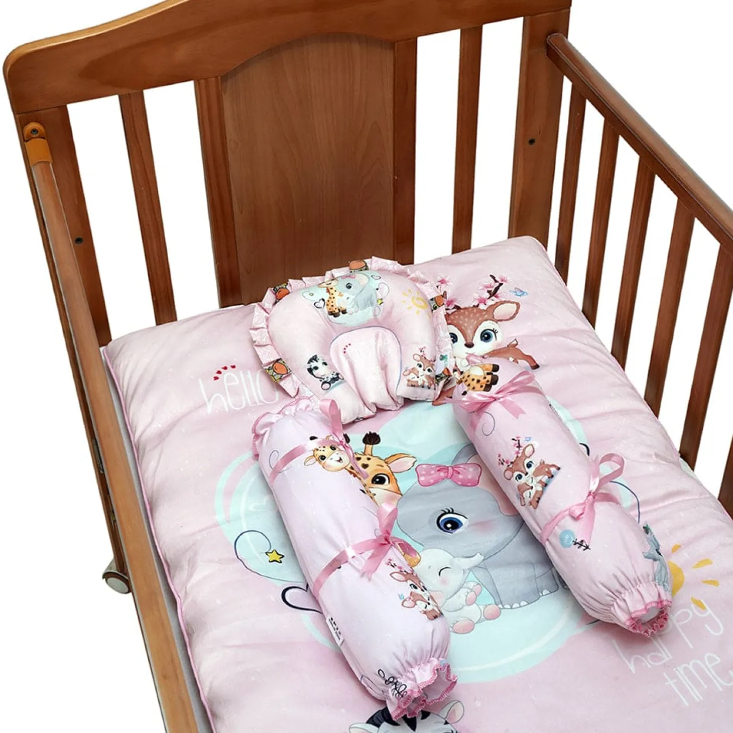 Baby Moo Animal Kingdom Soft Velvet U Pillow, 2 Side Bolsters Mattress Set - Pink