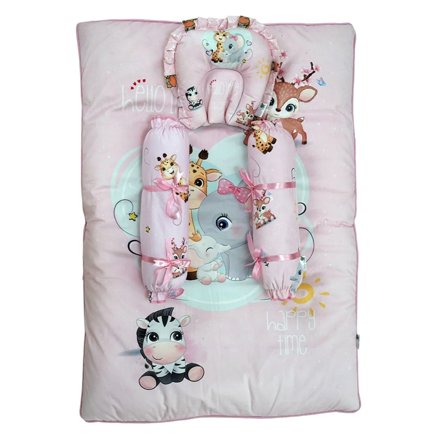 Baby Moo Animal Kingdom Soft Velvet U Pillow, 2 Side Bolsters Mattress Set - Pink