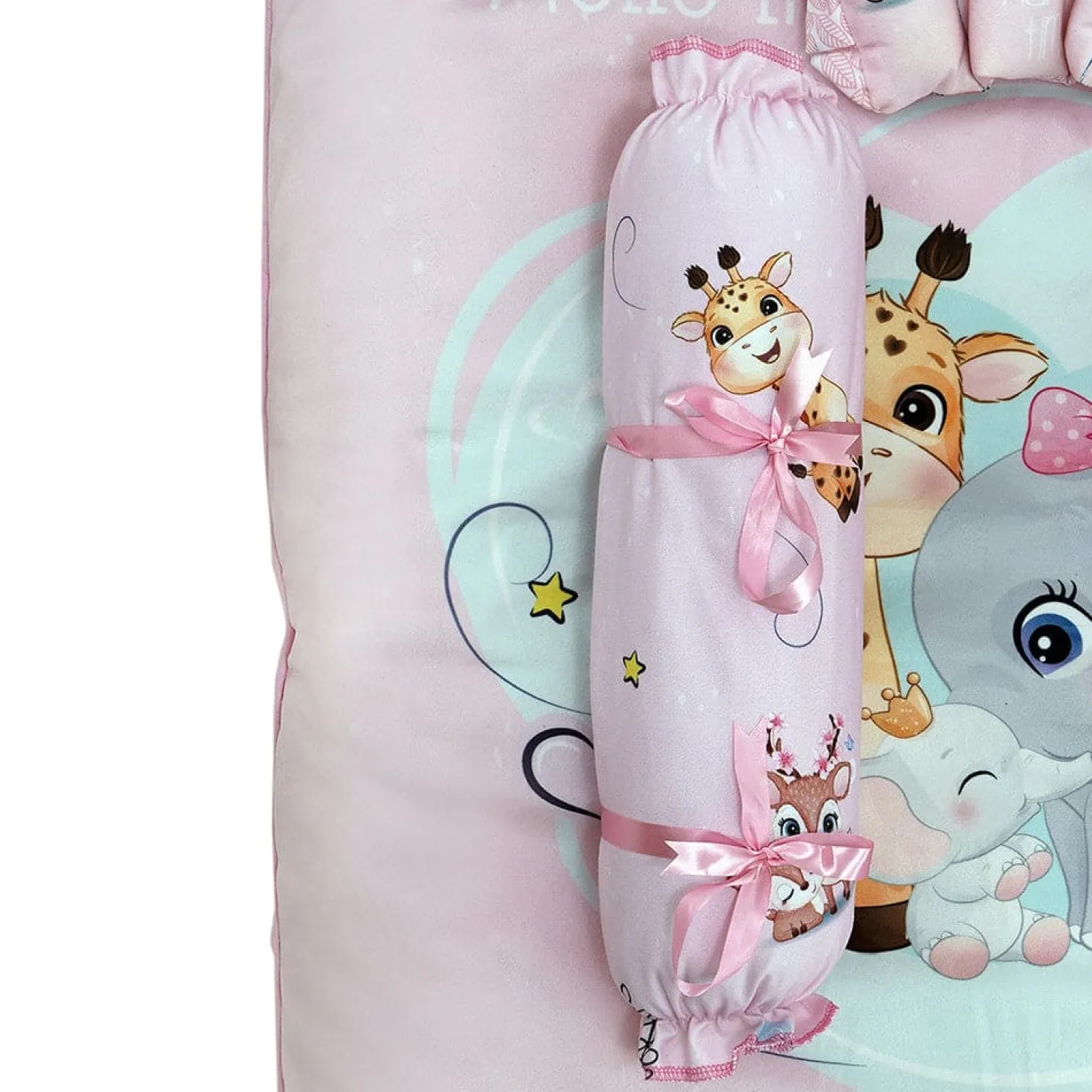 Baby Moo Animal Kingdom Soft Velvet U Pillow, 2 Side Bolsters Mattress Set - Pink