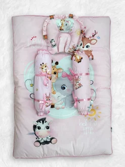 Baby Moo Animal Kingdom Soft Velvet U Pillow, 2 Side Bolsters Mattress Set - Pink