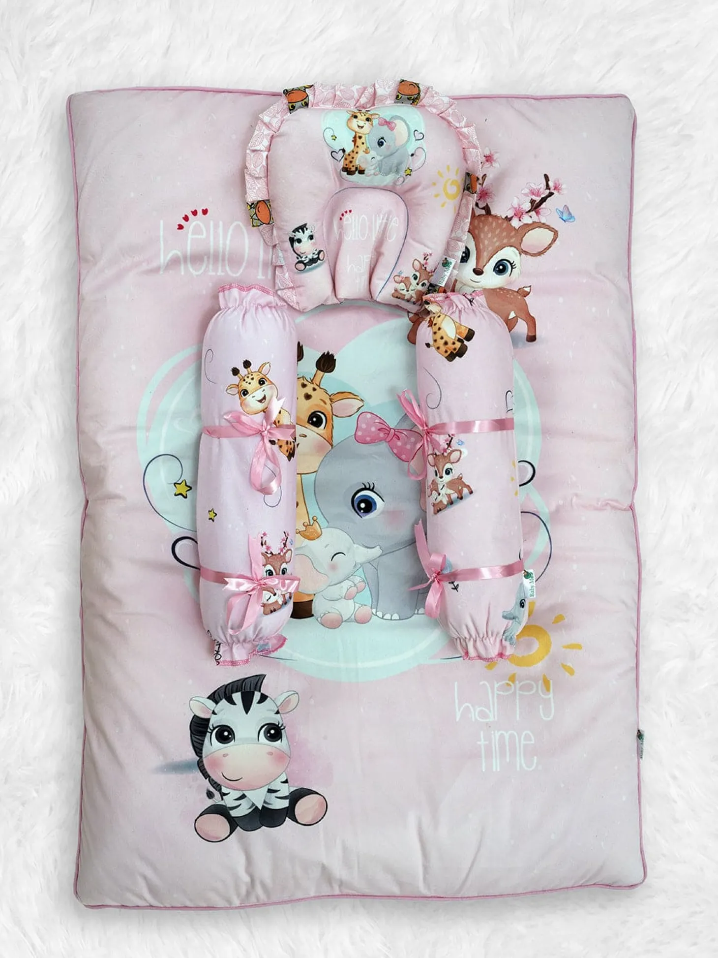 Baby Moo Animal Kingdom Soft Velvet U Pillow, 2 Side Bolsters Mattress Set - Pink