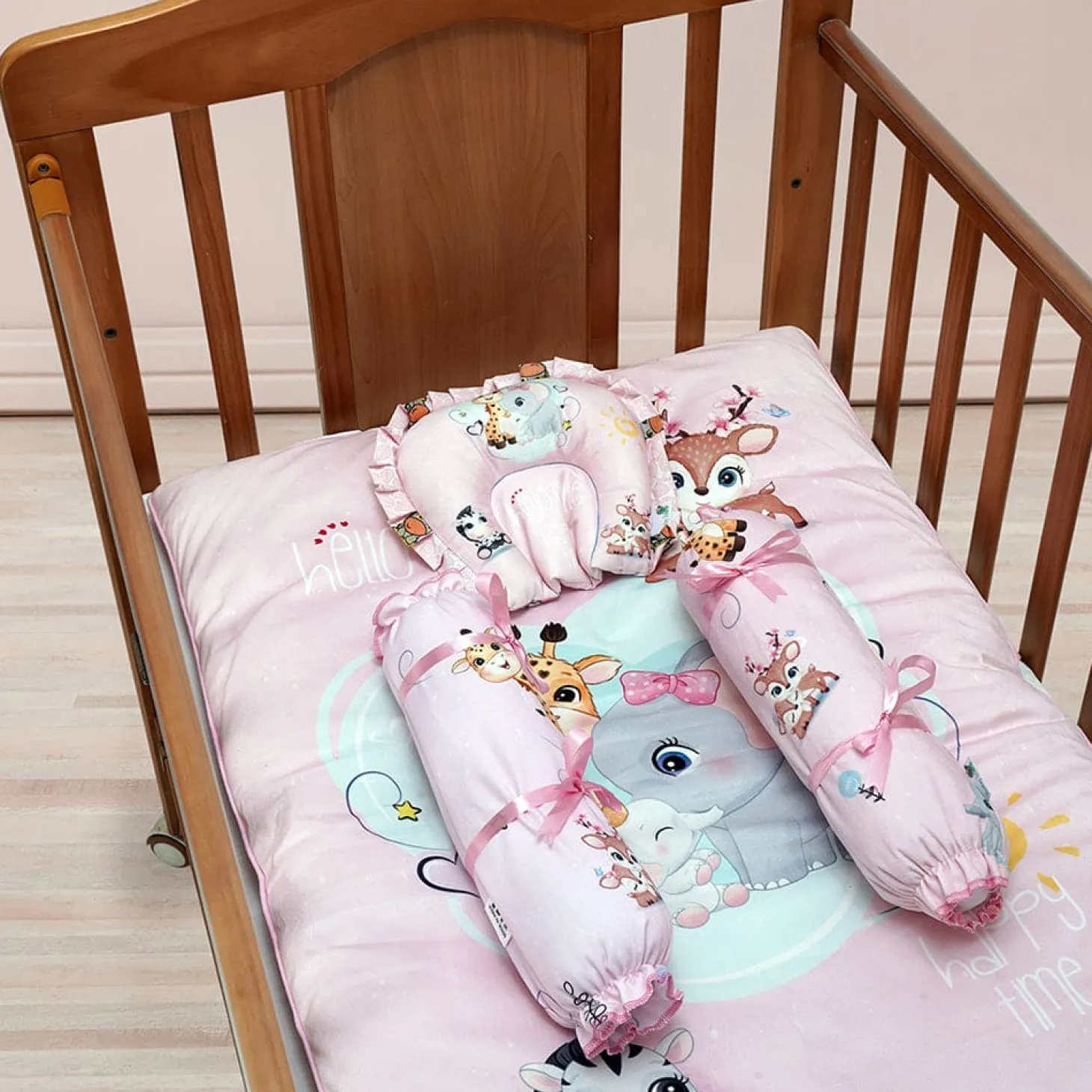 Baby Moo Animal Kingdom Soft Velvet U Pillow, 2 Side Bolsters Mattress Set - Pink