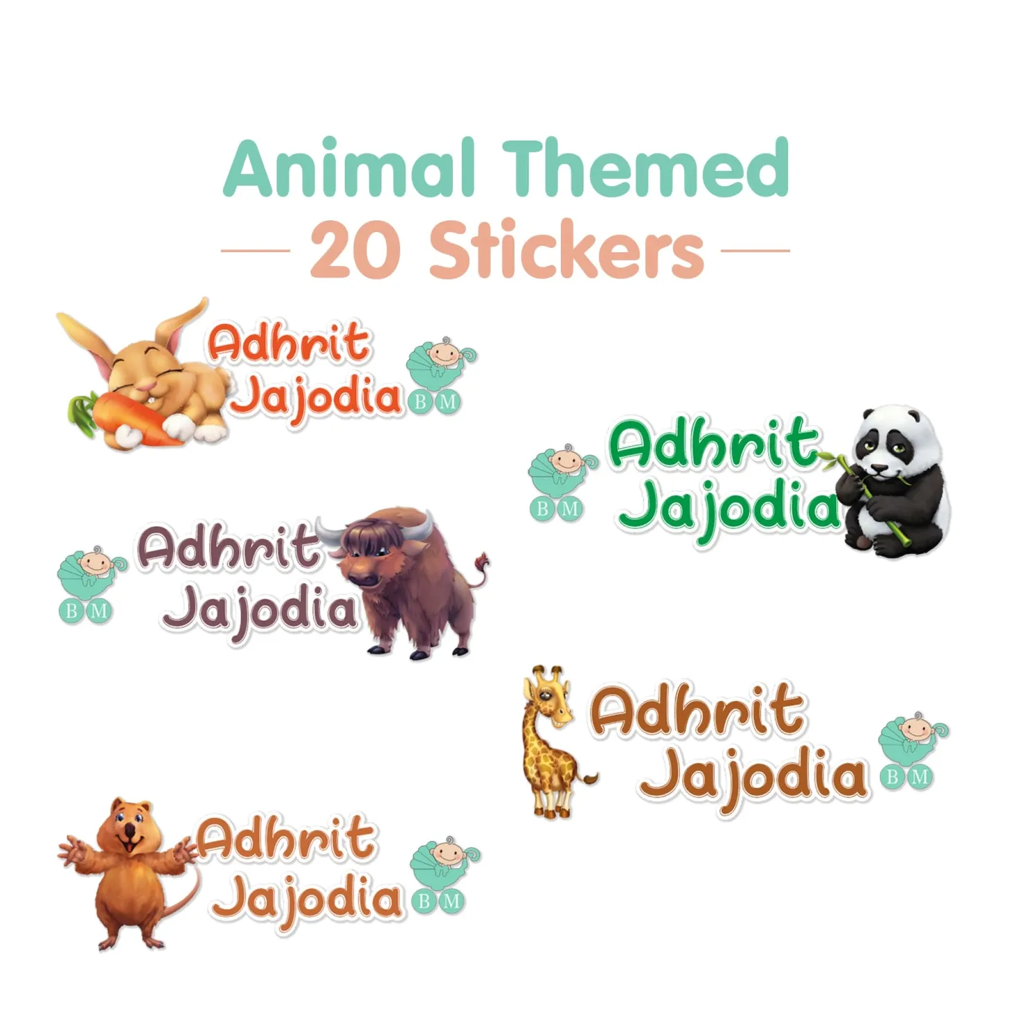 Baby Moo Animals Personalised Name Self Adhesive Transparent Embossed Stickers, 3D Labels 20 Pcs Stationery Set for Children - Multicolour
