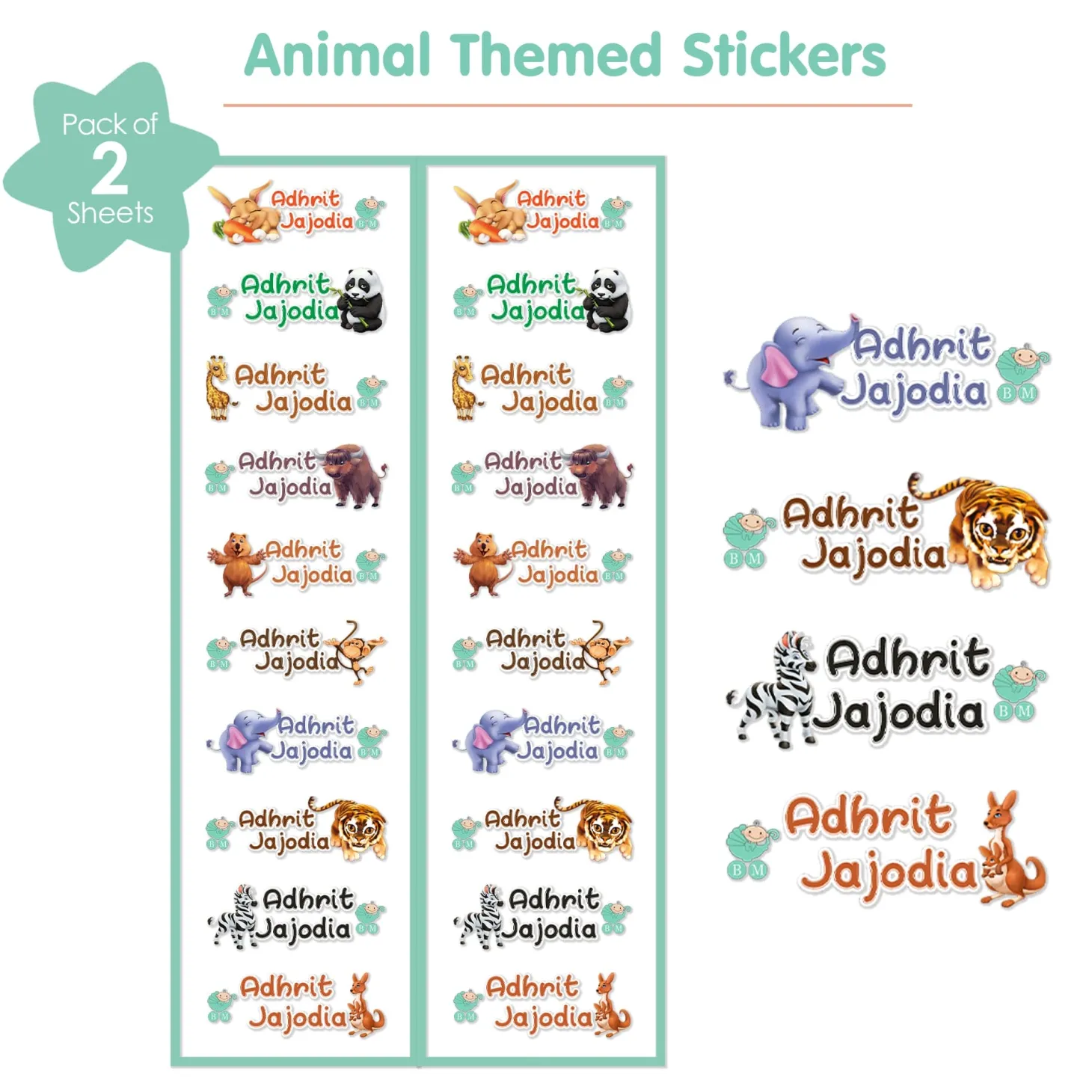 Baby Moo Animals Personalised Name Self Adhesive Transparent Embossed Stickers, 3D Labels 20 Pcs Stationery Set for Children - Multicolour