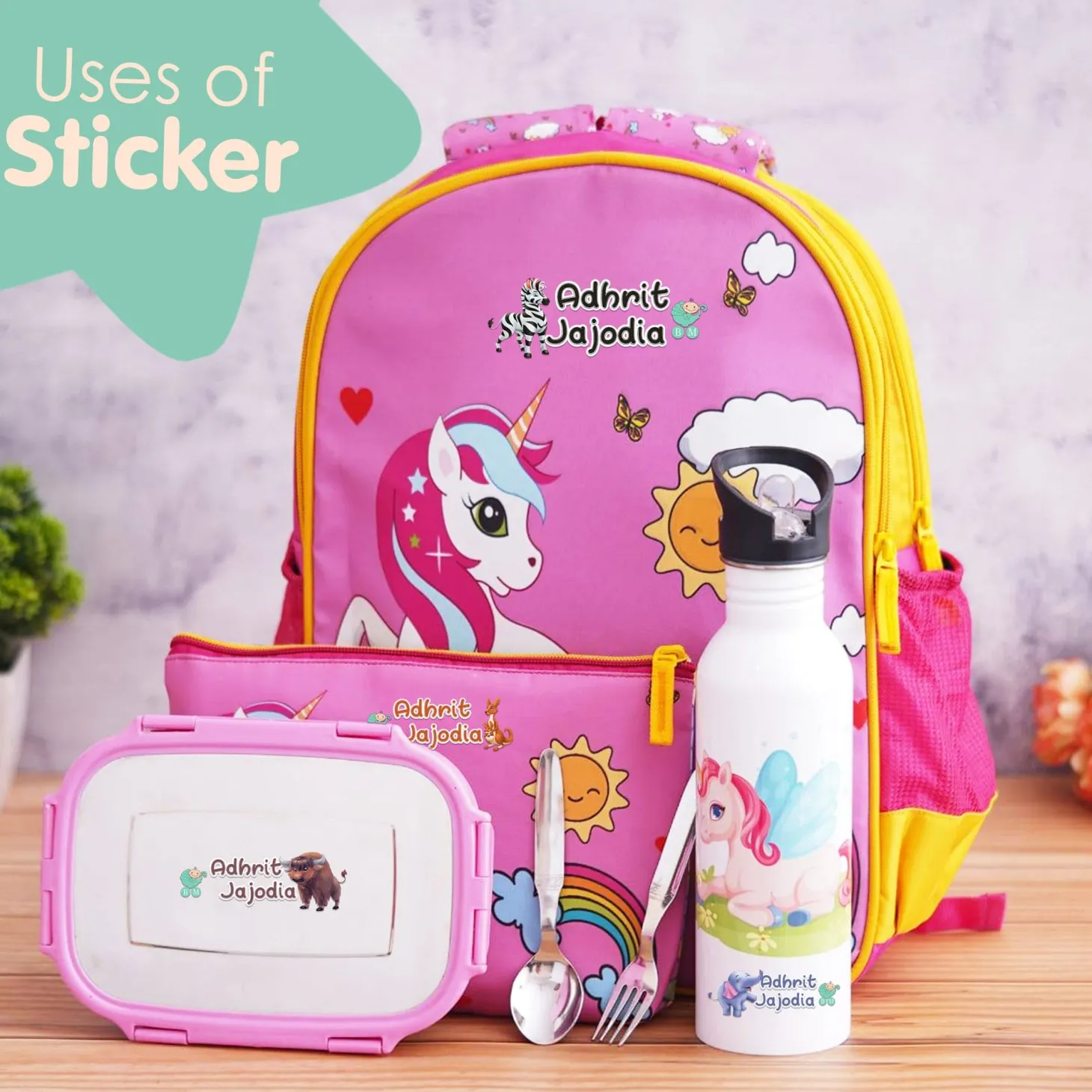 Baby Moo Animals Personalised Name Self Adhesive Transparent Embossed Stickers, 3D Labels 20 Pcs Stationery Set for Children - Multicolour
