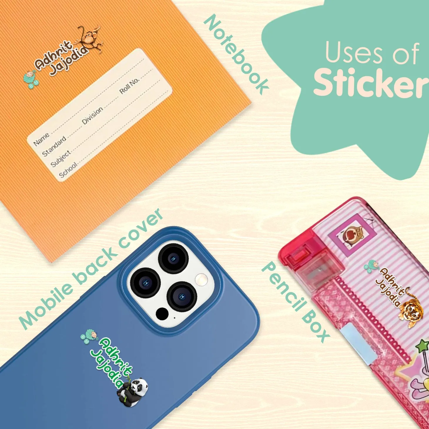 Baby Moo Animals Personalised Name Self Adhesive Transparent Embossed Stickers, 3D Labels 20 Pcs Stationery Set for Children - Multicolour