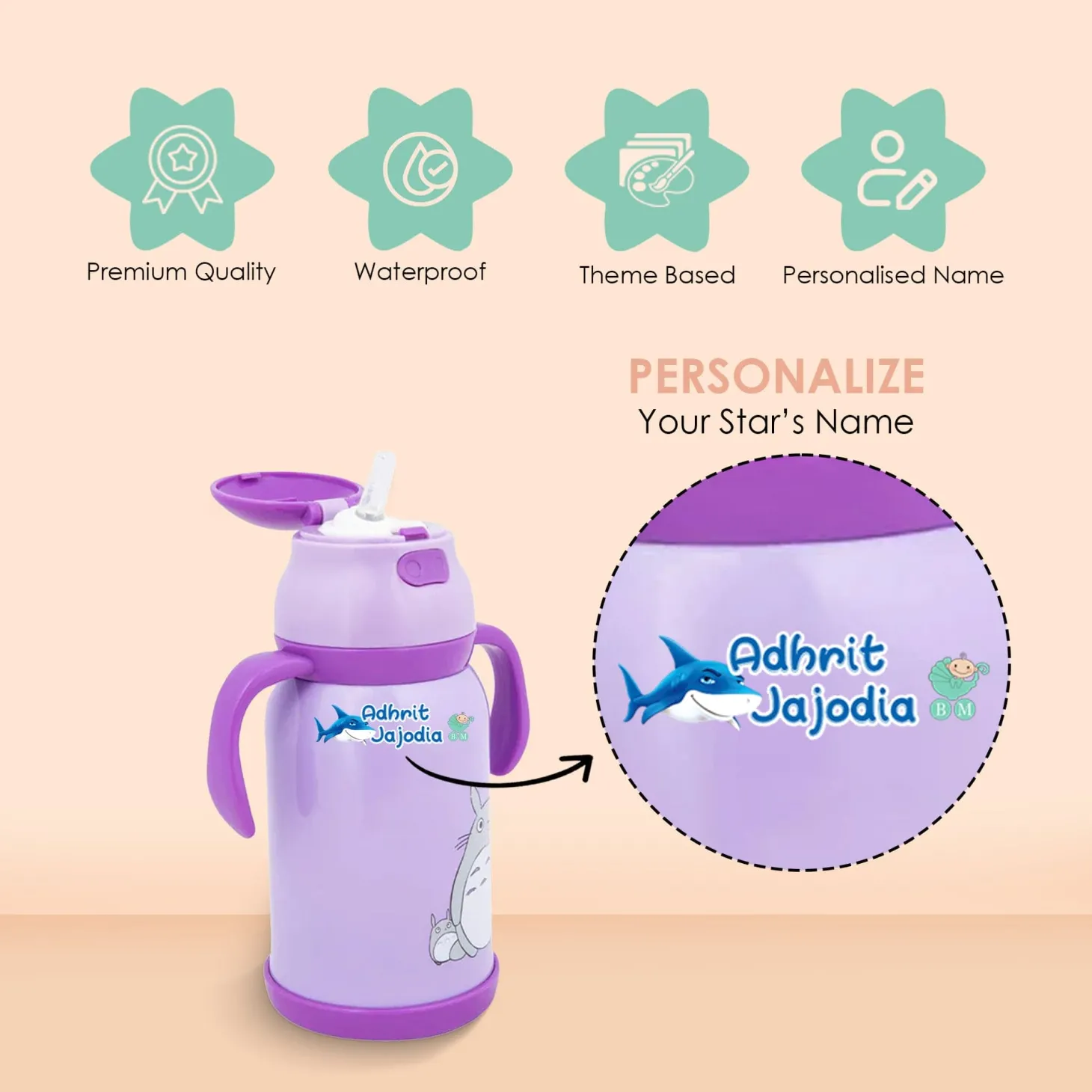 Baby Moo Aqua Personalised Name Self Adhesive Transparent Embossed Stickers, 3D Labels 10 Pcs Stationery Set for Children - Blue