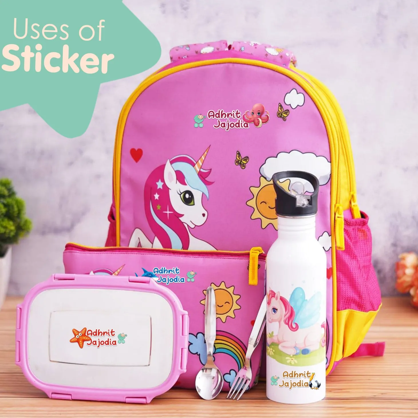 Baby Moo Aqua Personalised Name Self Adhesive Transparent Embossed Stickers, 3D Labels 10 Pcs Stationery Set for Children - Blue