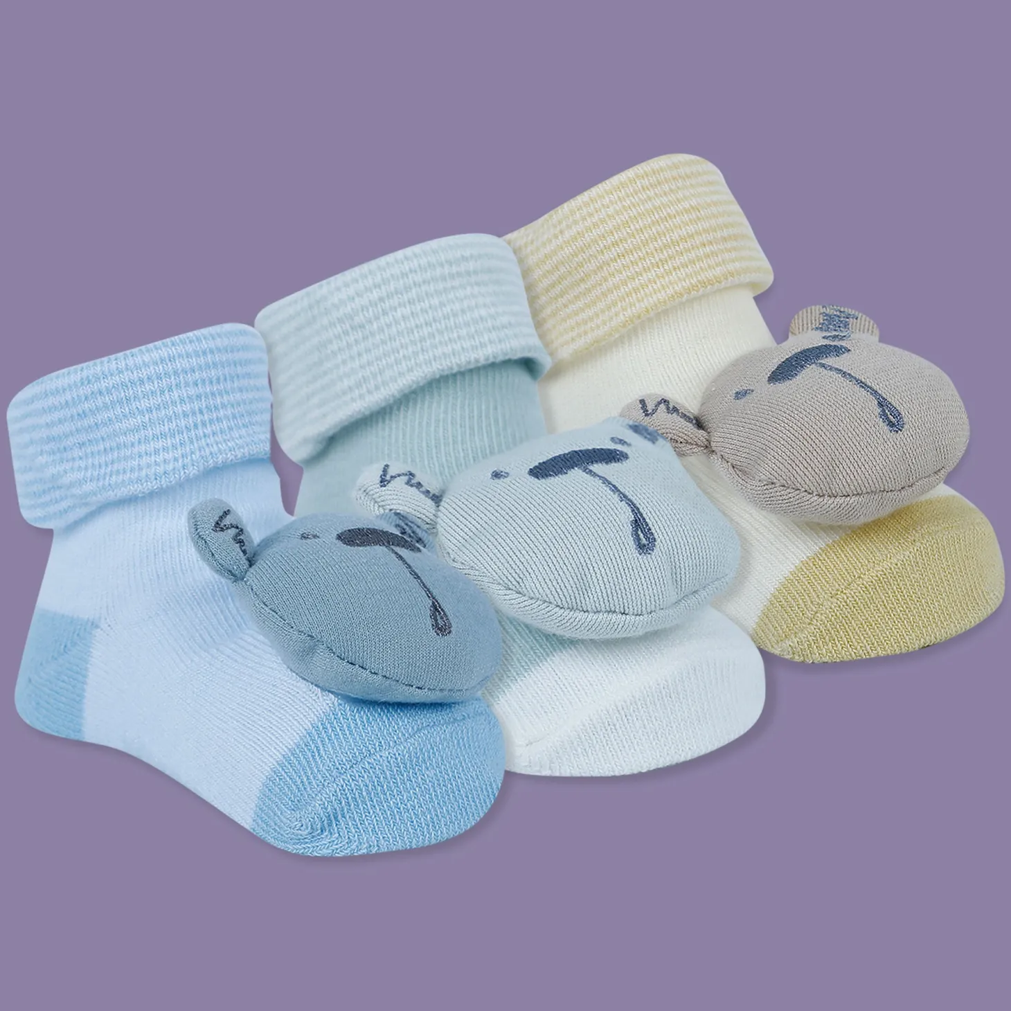 Baby Moo Bear 3D Rattle Anti-Skid Socks Booties Pack of 3 - Blue, Yellow