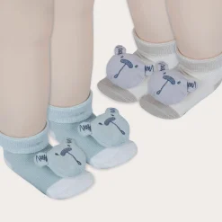 Baby Moo Bear 3D Rattle Anti-Skid Socks Booties Pack of 2 - Beige, Green