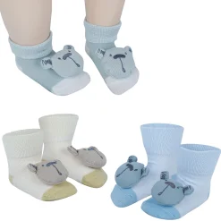 Baby Moo Bear 3D Rattle Anti-Skid Socks Booties Pack of 3 - Blue, Yellow