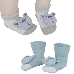 Baby Moo Bear 3D Rattle Anti-Skid Socks Booties Pack of 2 - Beige, Green