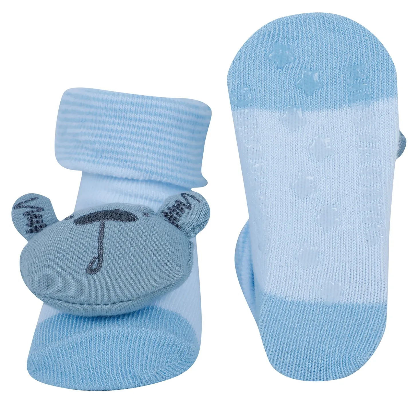 Baby Moo Bear 3D Rattle Anti-Skid Socks Booties Pack of 3 - Blue, Yellow