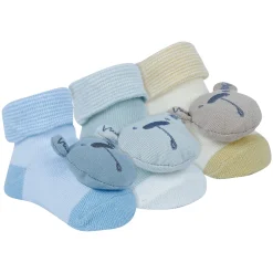 Baby Moo Bear 3D Rattle Anti-Skid Socks Booties Pack of 3 - Blue, Yellow