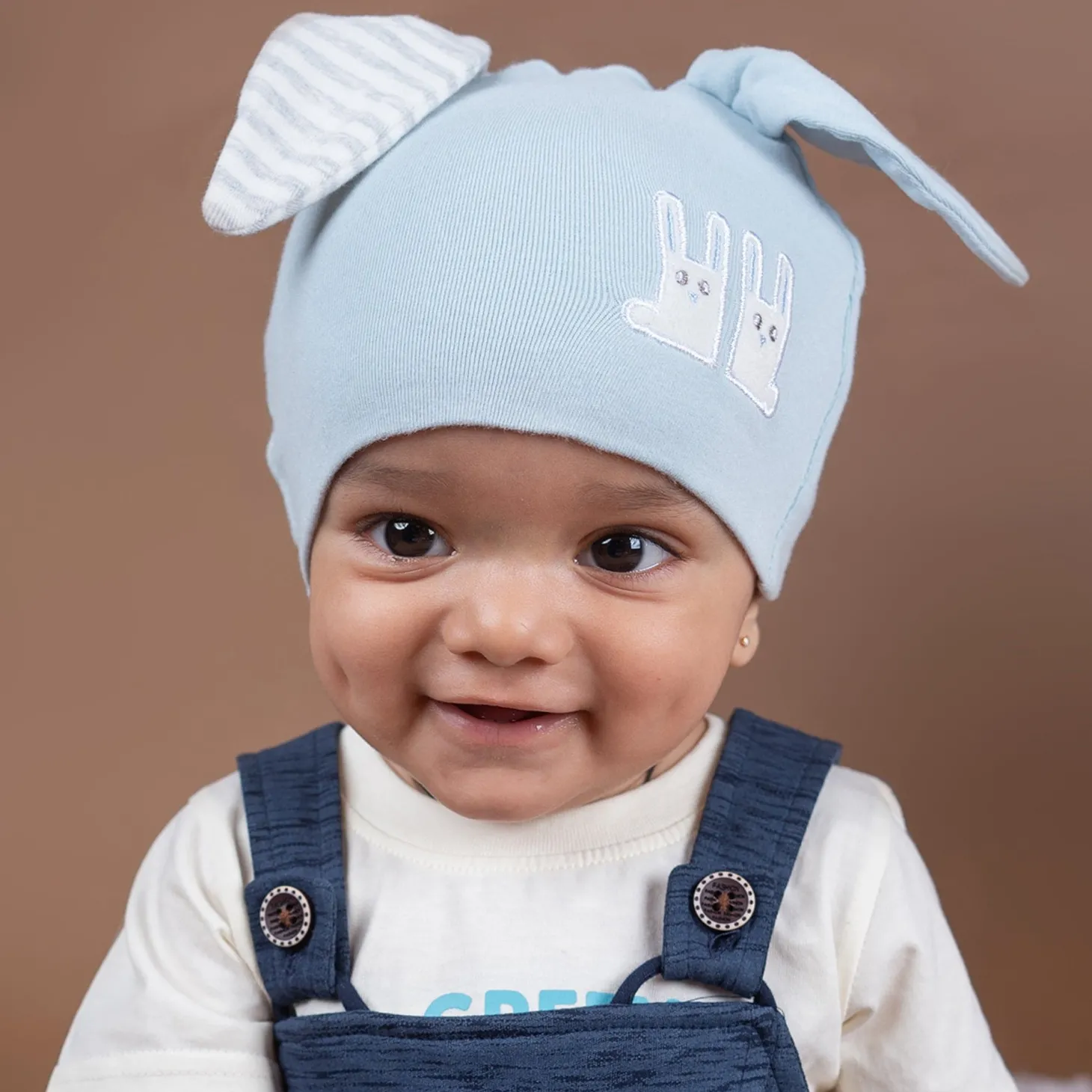 Baby Moo Big Bunny Ears All Season Stretchable Hosiery Warm 3D Beanie Cap - Blue