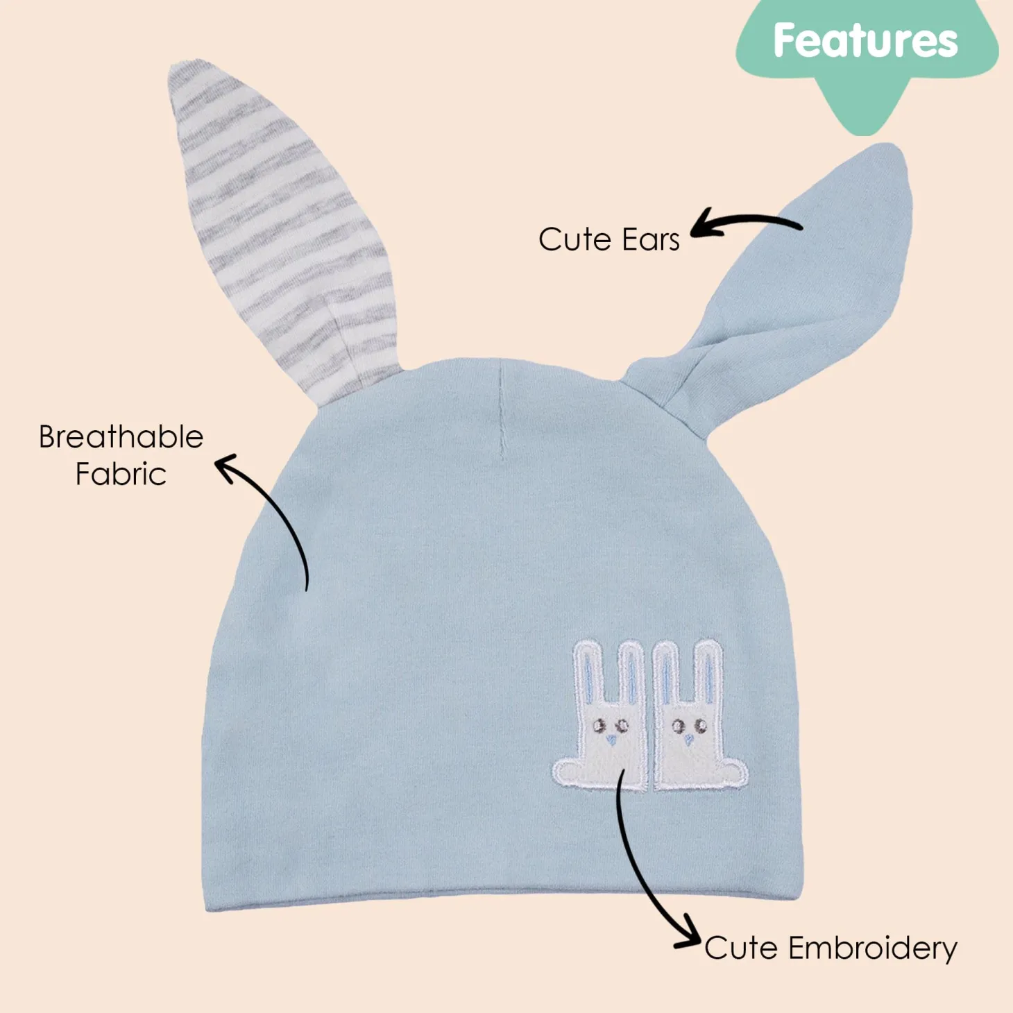 Baby Moo Big Bunny Ears All Season Stretchable Hosiery Warm 3D Beanie Cap - Blue