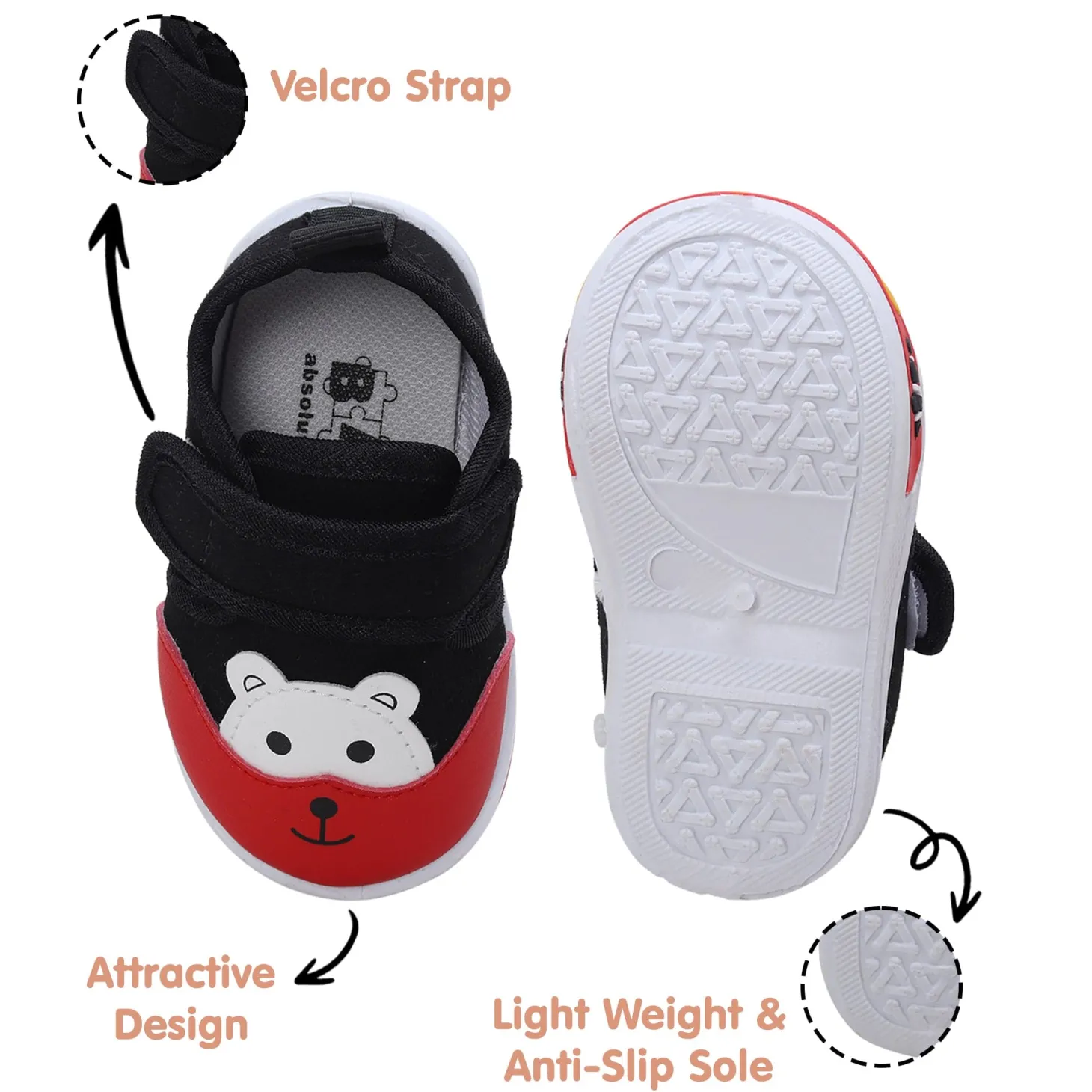 Baby Moo Blissful Bear Velcro Strap Anti-Skid Chu Chu Sound Sneakers - Black