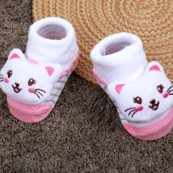 Baby Moo Blushing Kitty Cotton Anti-Skid 3D Socks - White