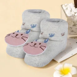 Baby Moo Blushing Kitty Cotton Anti-Skid 3D Socks - Grey