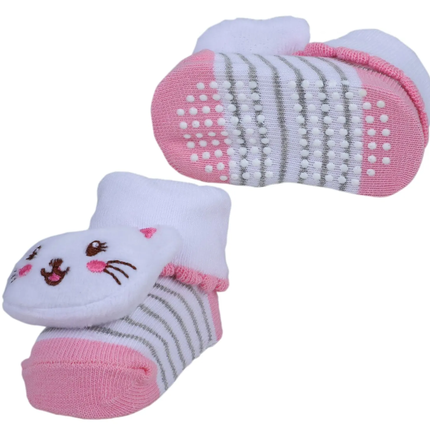 Baby Moo Blushing Kitty Cotton Anti-Skid 3D Socks - White