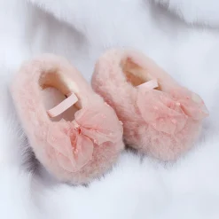 Baby Moo Bow Applique Warm Furry Booties - Pink