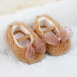 Baby Moo Bow Applique Warm Furry Booties - Brown