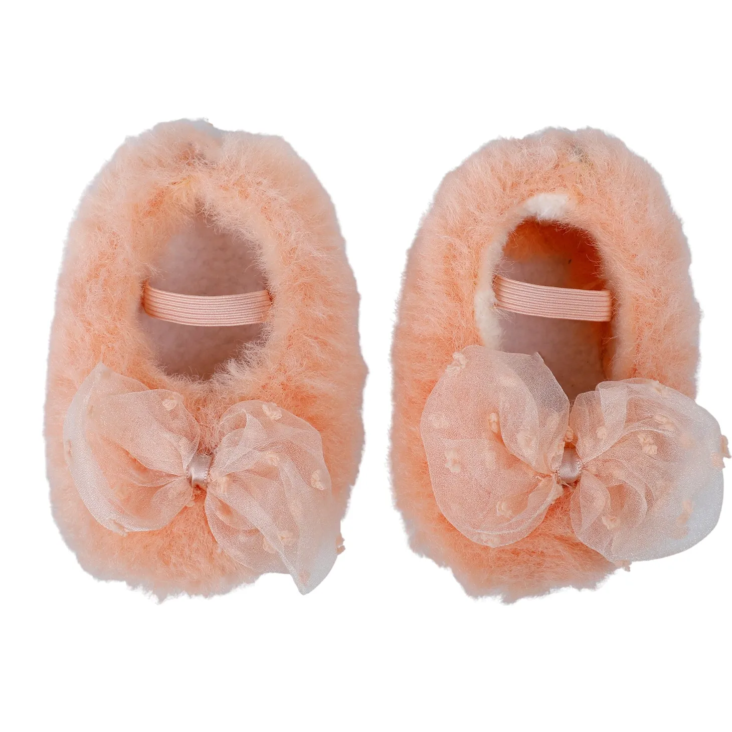 Baby Moo Bow Applique Warm Furry Booties - Peach