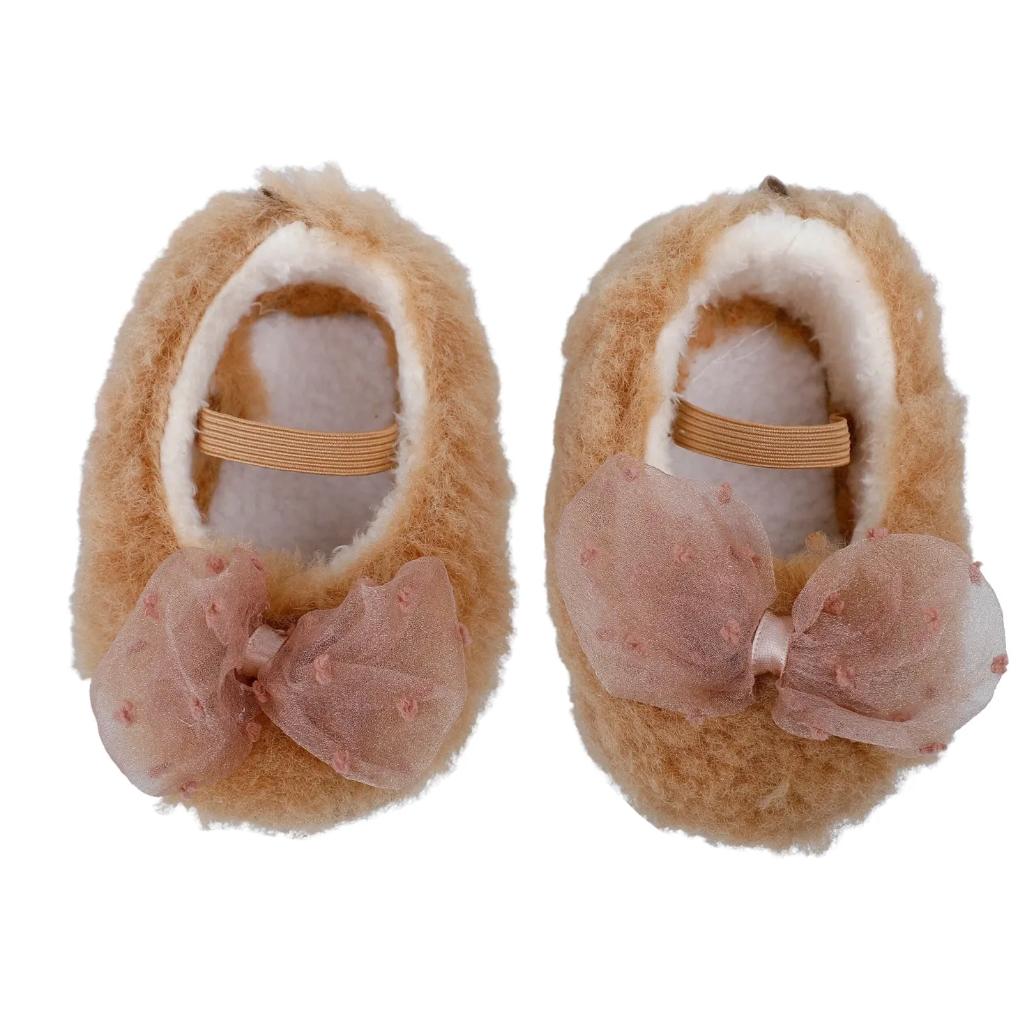 Baby Moo Bow Applique Warm Furry Booties - Brown
