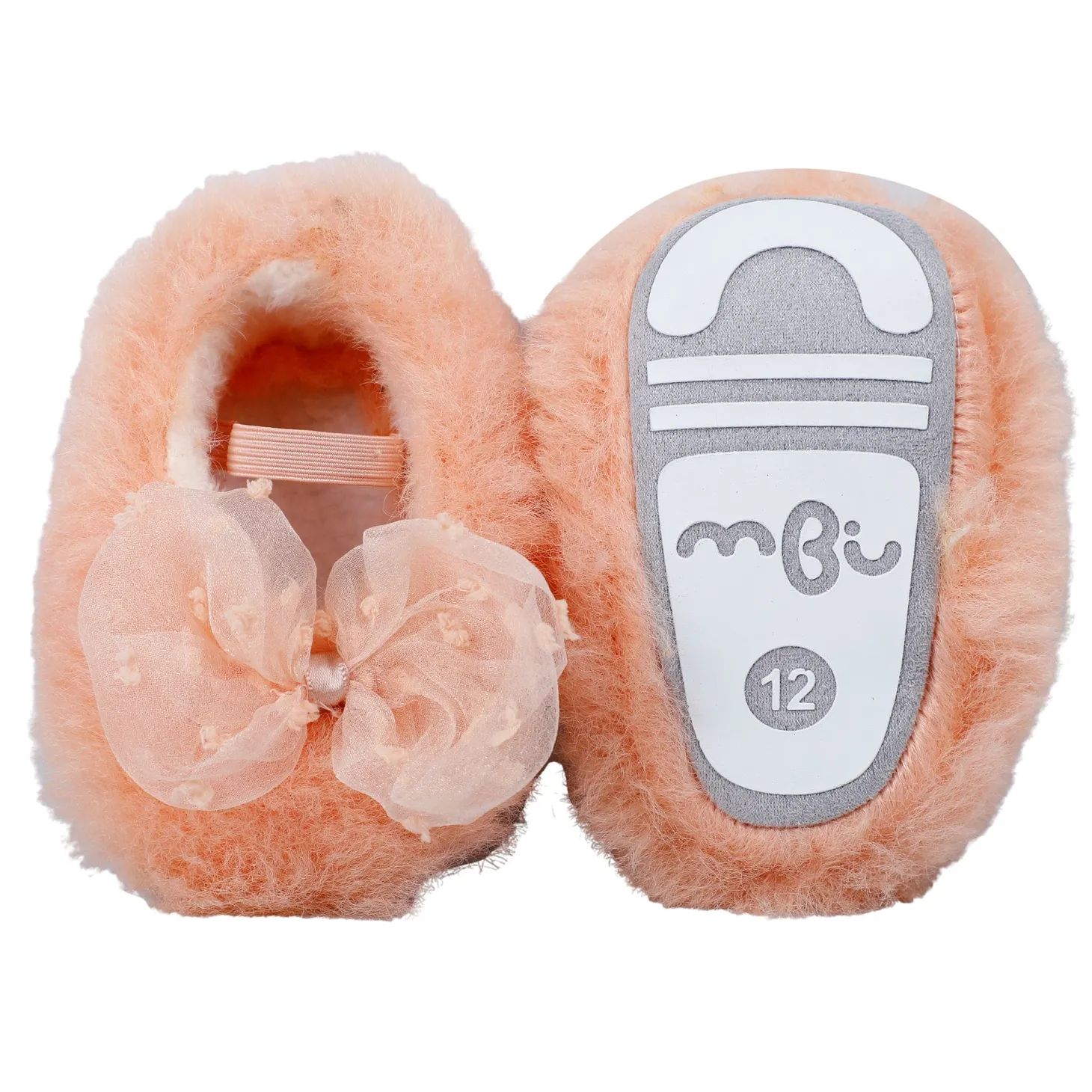Baby Moo Bow Applique Warm Furry Booties - Peach