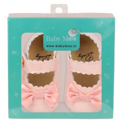 Baby Moo Bow Appplique Velcro Strap Anti-Skid Ballerina Booties - Peach