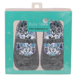 Baby Moo Bow Knot Elastic Strap First Walkers Anti-Skid Ballerina Booties - Grey