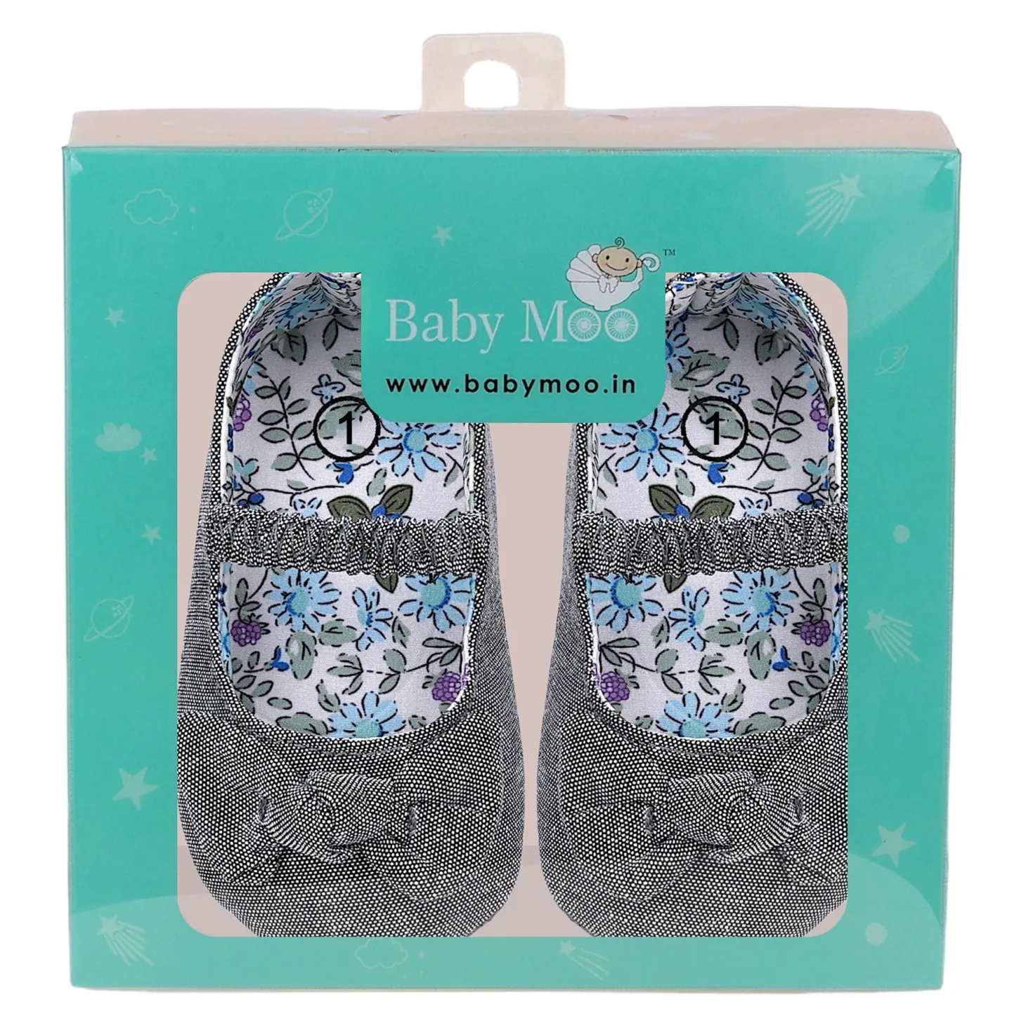 Baby Moo Bow Knot Elastic Strap First Walkers Anti-Skid Ballerina Booties - Grey