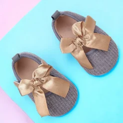 Baby Moo Bow Knot Velcro Strap Ribbed Anti-Skid Ballerina Booties - Grey