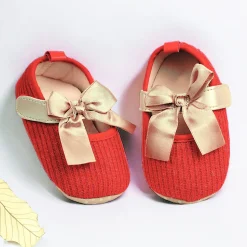 Baby Moo Bow Knot Velcro Strap Ribbed Anti-Skid Ballerina Booties - Red