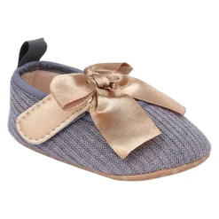Baby Moo Bow Knot Velcro Strap Ribbed Anti-Skid Ballerina Booties - Grey