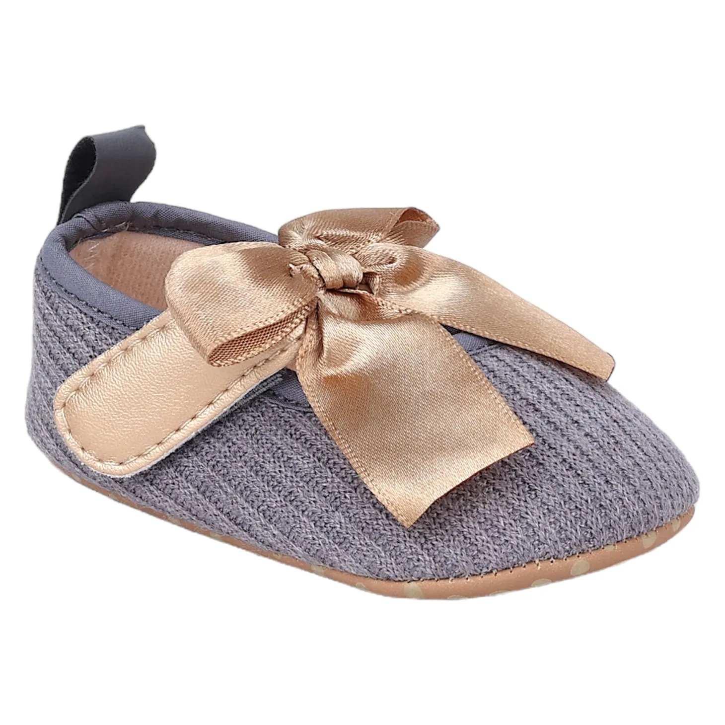 Baby Moo Bow Knot Velcro Strap Ribbed Anti-Skid Ballerina Booties - Grey