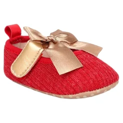 Baby Moo Bow Knot Velcro Strap Ribbed Anti-Skid Ballerina Booties - Red